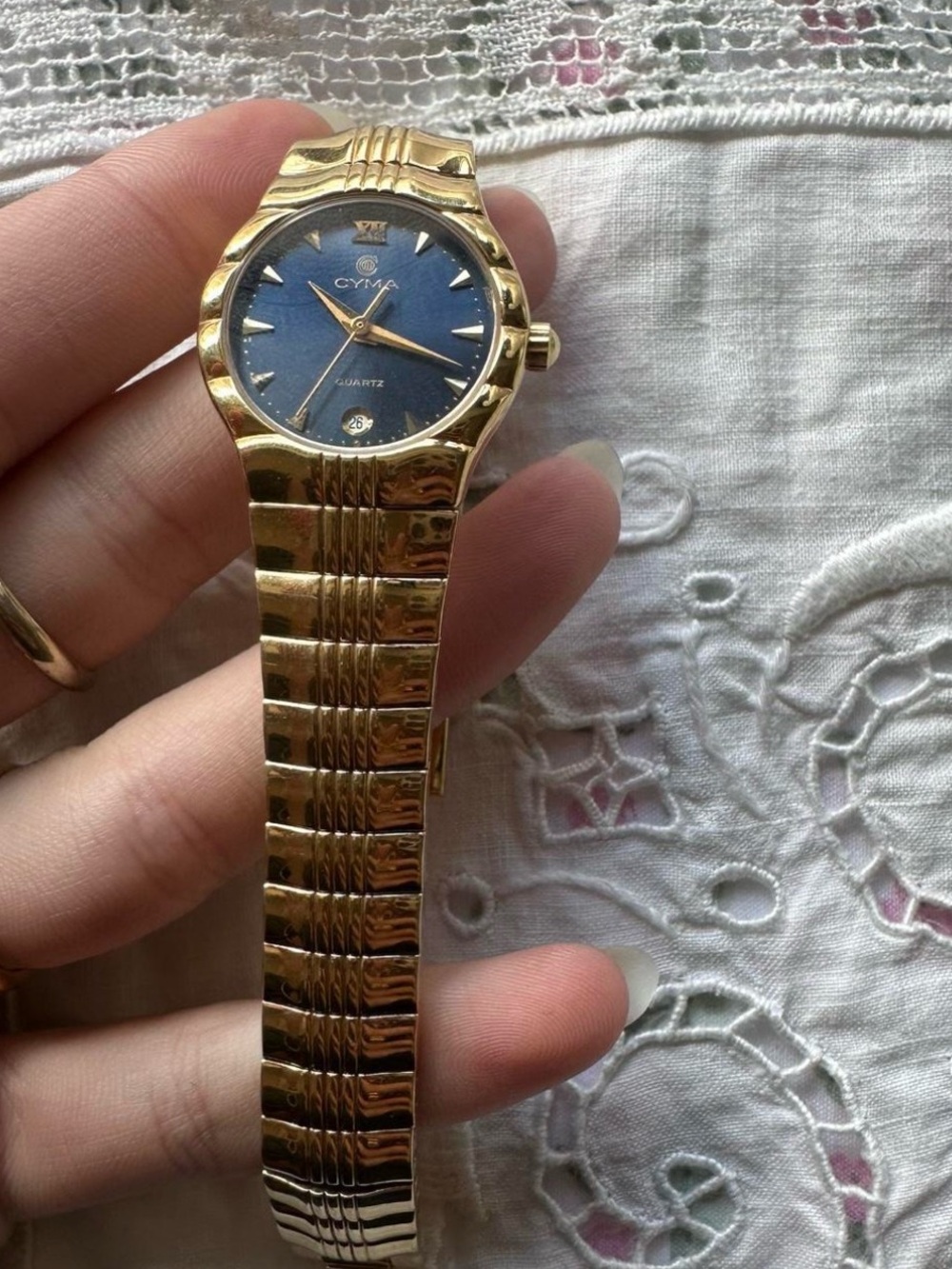 Women’s Gold and Blue face vintage Cyma Switzerland watch
